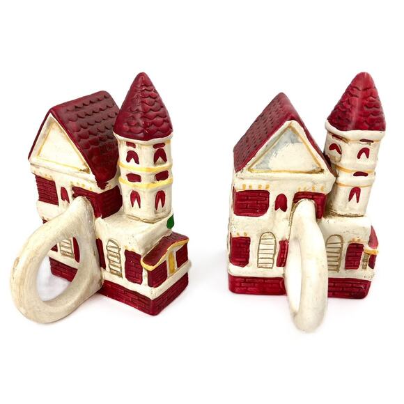 Vintage Christmas Village Ceramic Holiday Town Napkin Rings Two Sets of 4 rings - Picture 9 of 13